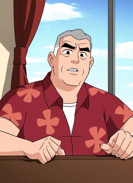 3978527190-4103664850-ben10, 1boy, male focus, solo, curtains, shirt, grey hair, short hair, thick eyebrows, black eyes, parody, red shirt, window, sk.png